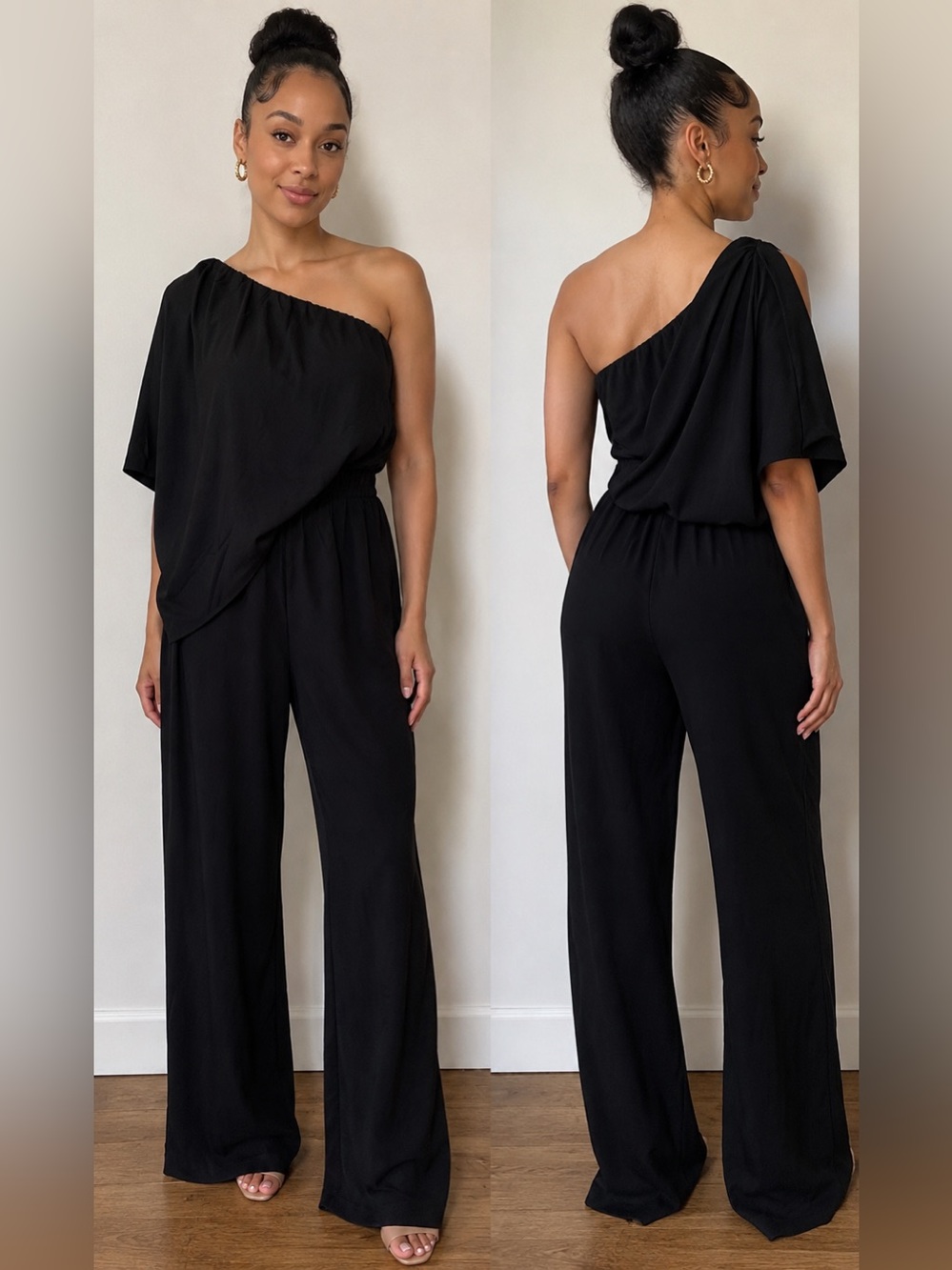 Buckle One-Shoulder Black Wide-Leg Jumpsuit